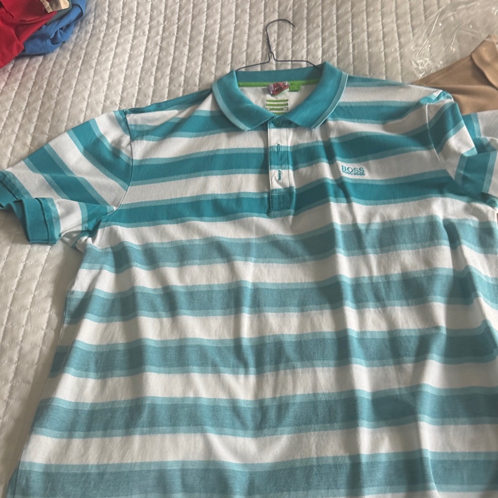 Hugo Boss Teal and White Striped Polo